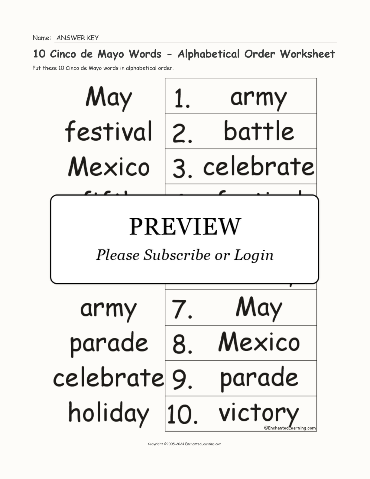 10 Cinco de Mayo Words - Alphabetical Order Worksheet interactive worksheet page 2
