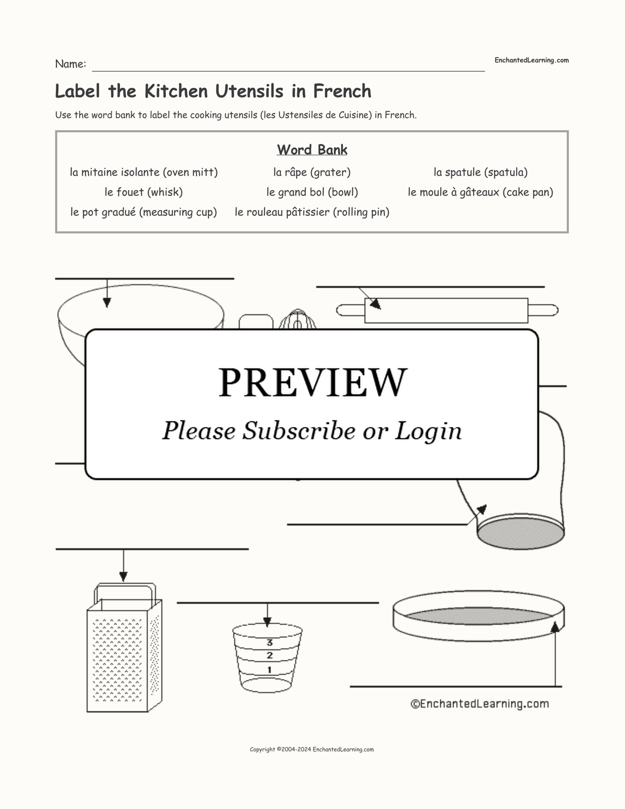 Label the Kitchen Utensils in French interactive worksheet page 1