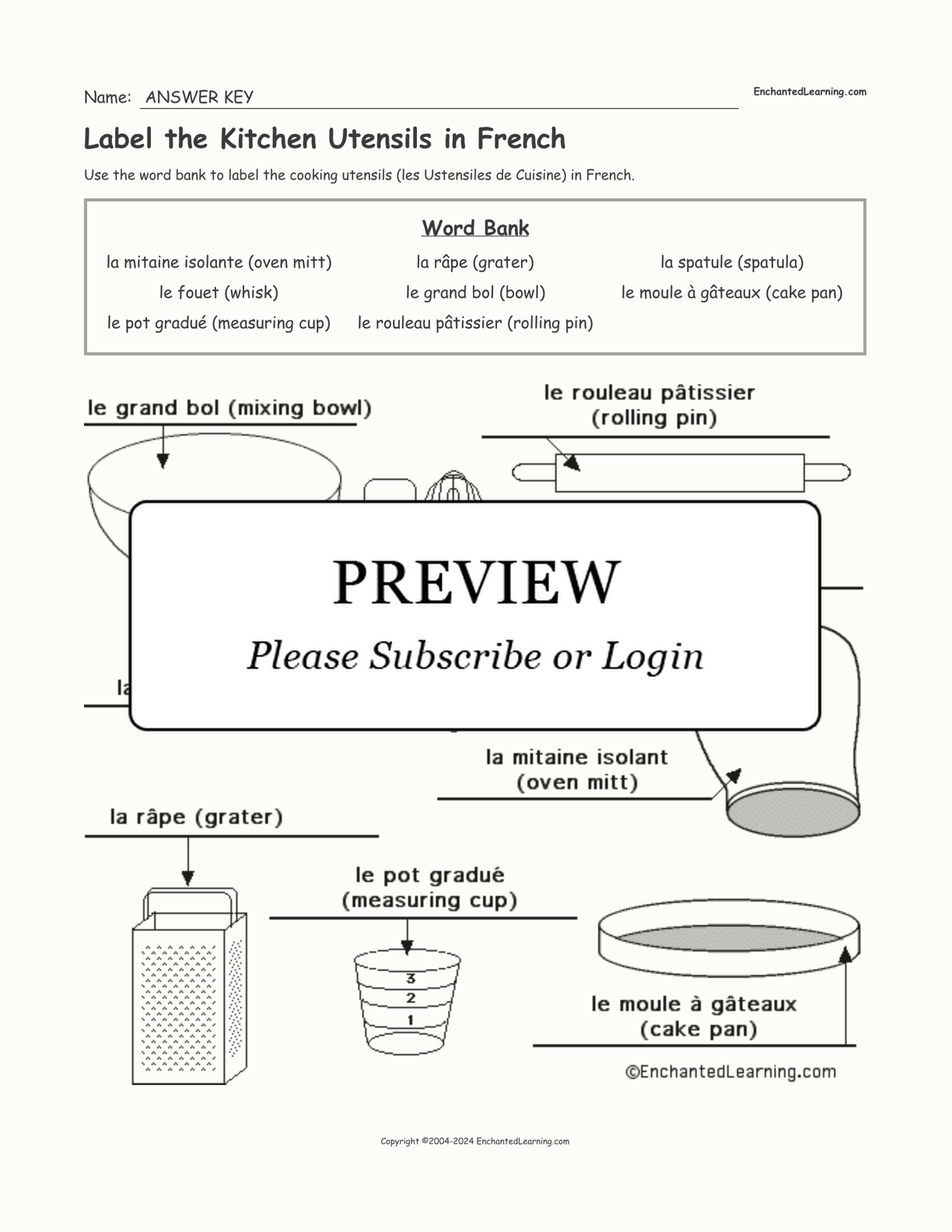Label the Kitchen Utensils in French interactive worksheet page 2