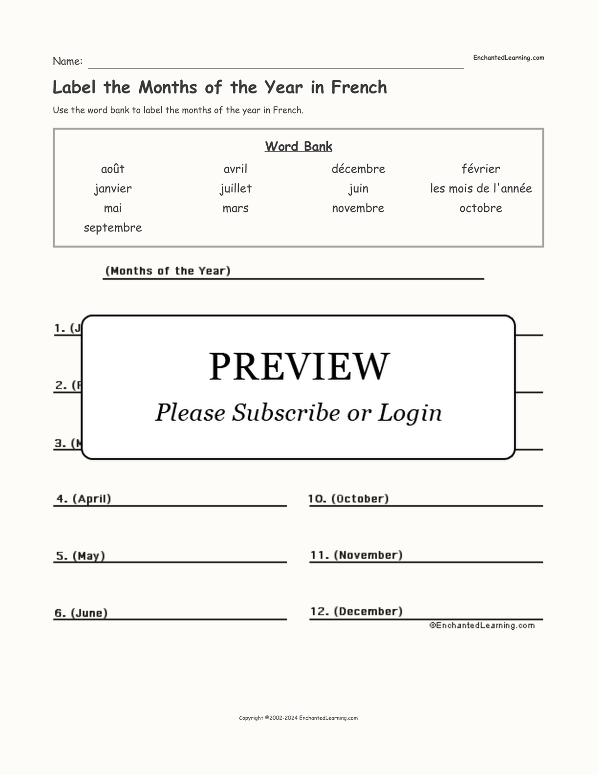 Label the Months of the Year in French interactive worksheet page 1