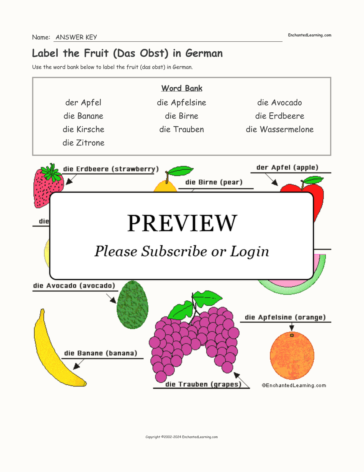 Label the Fruit (Das Obst) in German interactive worksheet page 2