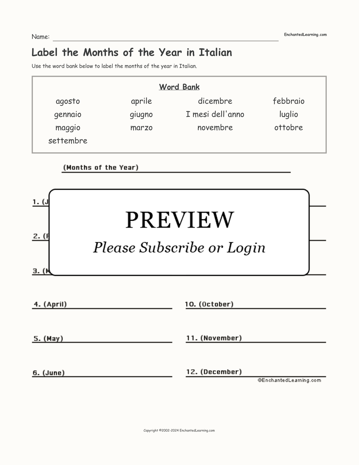 Label the Months of the Year in Italian interactive worksheet page 1