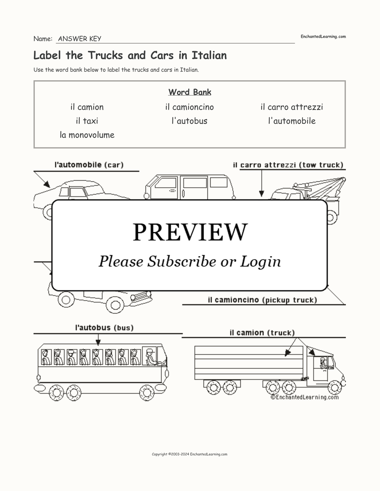 Label the Trucks and Cars in Italian interactive worksheet page 2