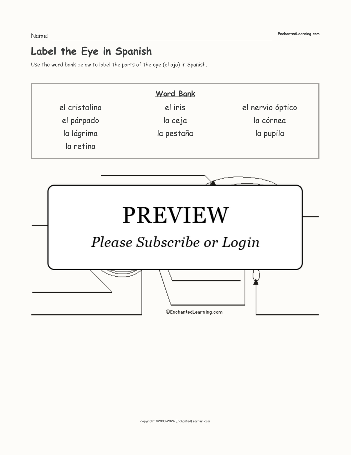 Label the Eye in Spanish interactive worksheet page 1
