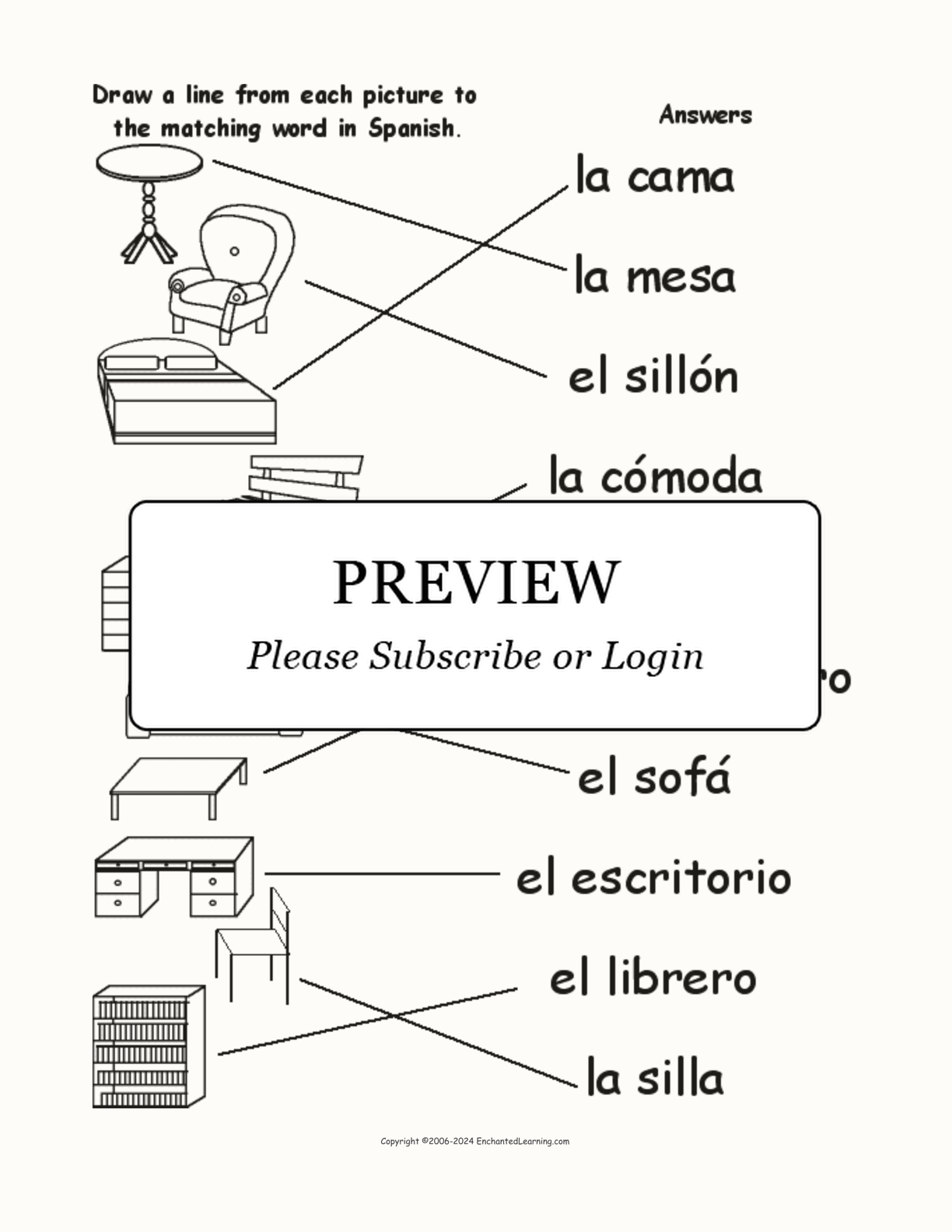 Match the Spanish Furniture Words to the Pictures interactive worksheet page 2