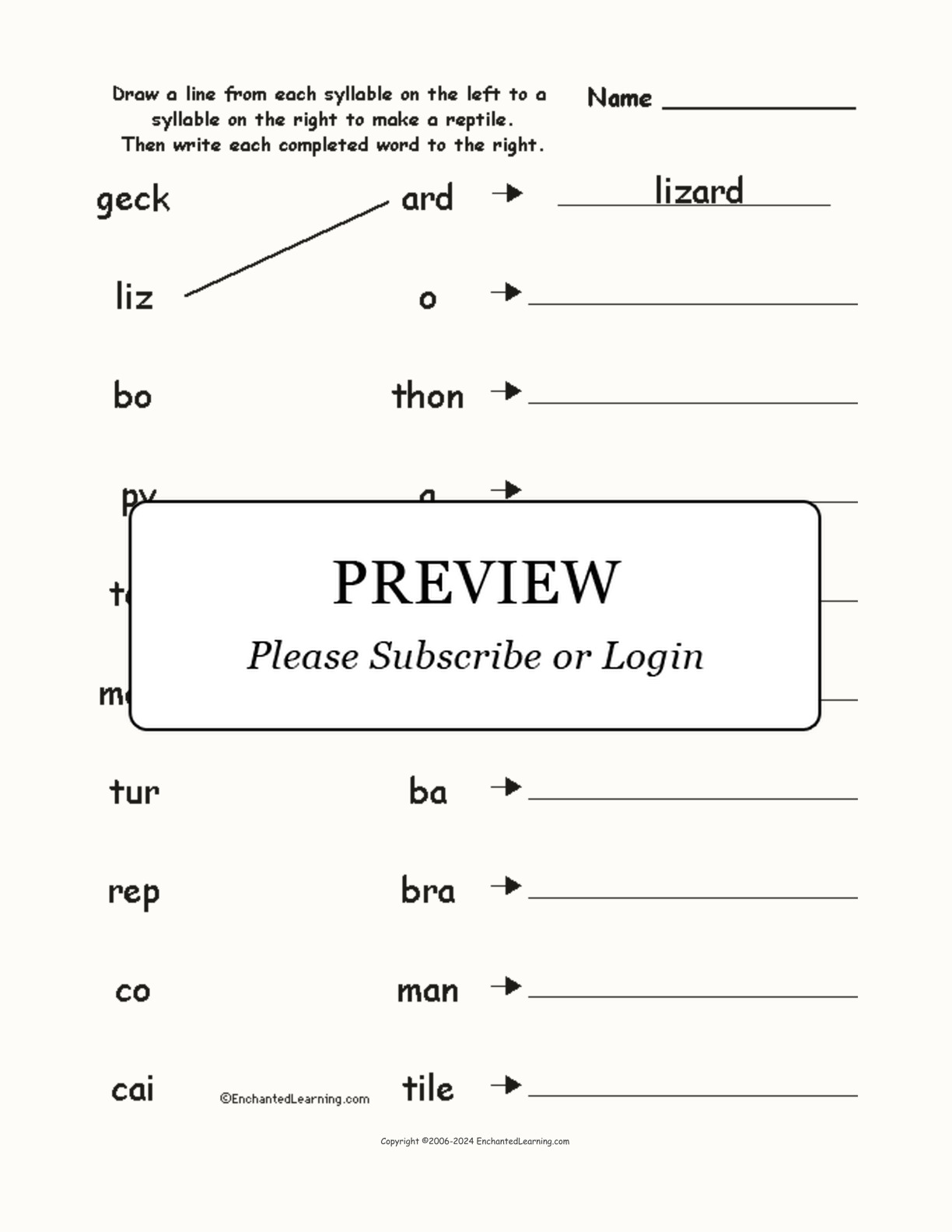 Match the Syllables: Reptile Words interactive worksheet page 1