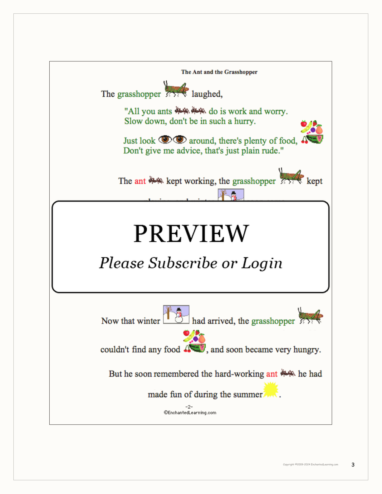 The Ant and the Grasshopper: An Aesop Fable interactive printout page 3