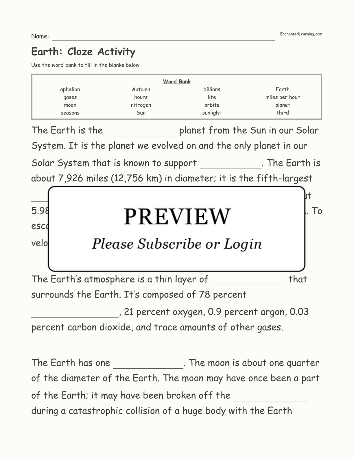 Earth: Cloze Activity interactive worksheet page 1